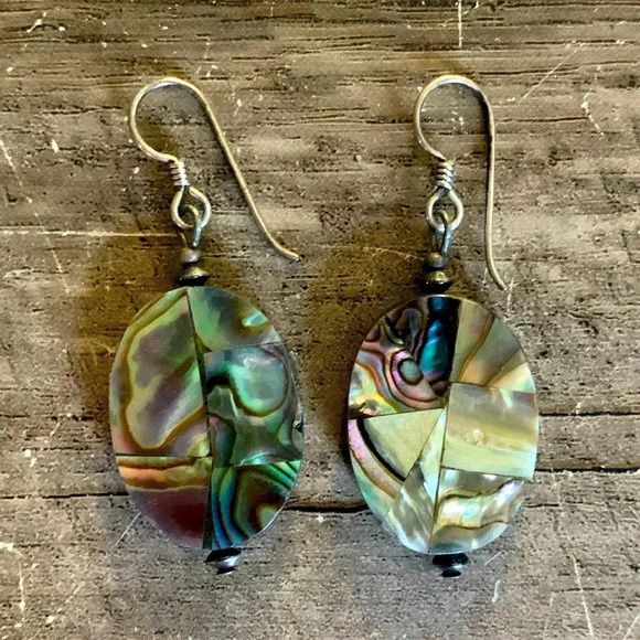 None Jewelry - Abalone Shell Oval Dangle Drop Earrings